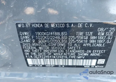 2026 Honda Hr-V Awd Sport from USA, damaged, VIN 3CZRZ2H54TM729218